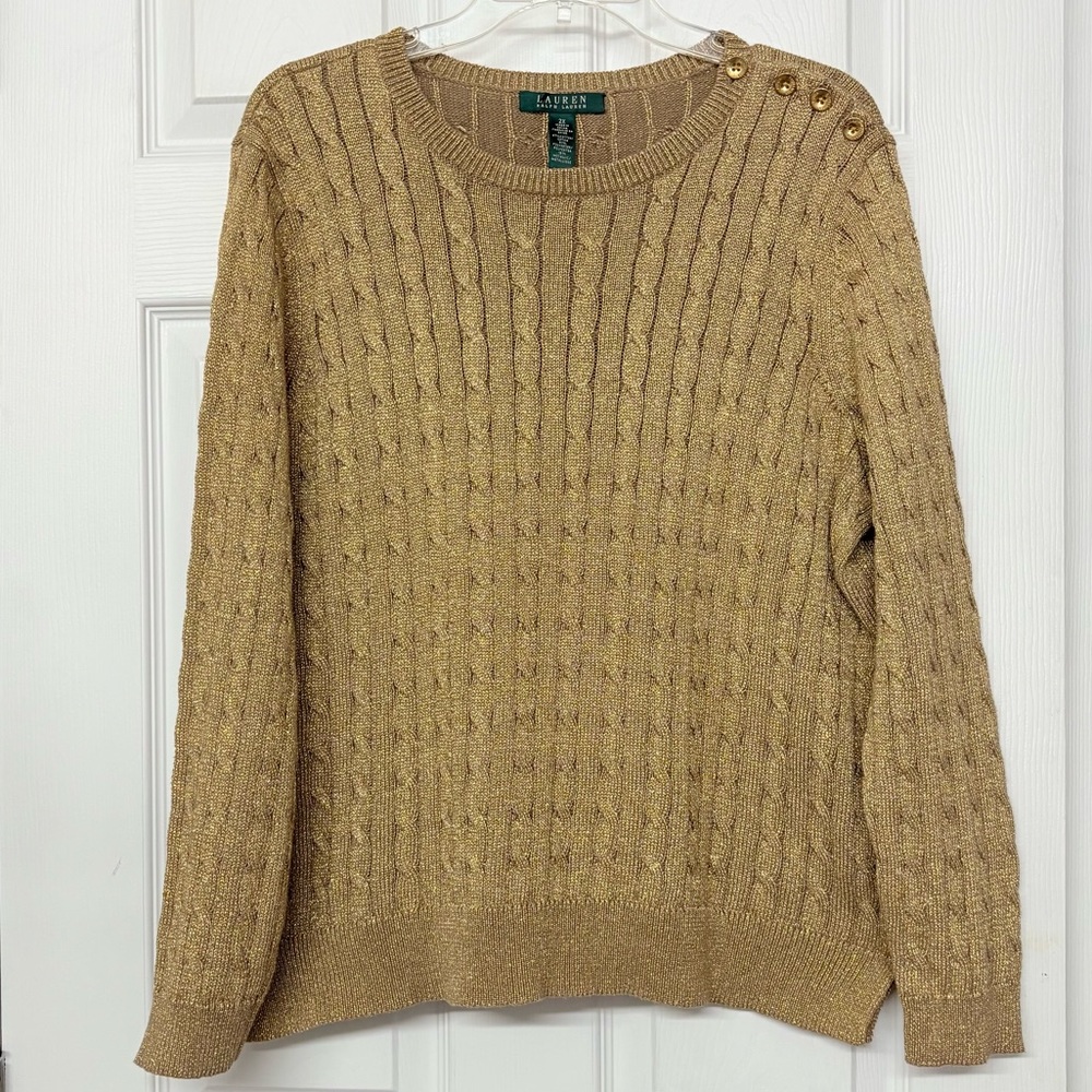 Vintage Lauren Ralph Lauren Metallic Gold Cable Knit Sweater Sz 2X